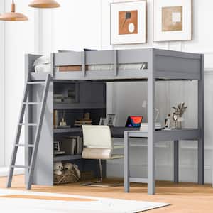 Gray Wooden Full Size Loft Bed with Desk and 3 Storage Shelves
