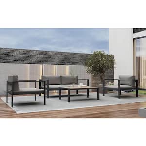 4-Piece Outdoor Aluminum Modern Sofa Seating Group Patio Conversation Set with Black Cushions