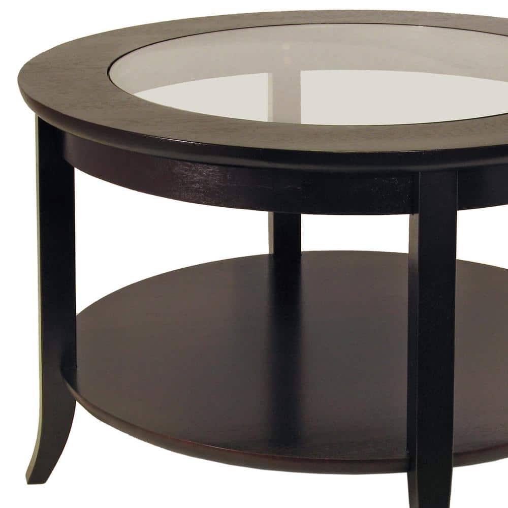 Espresso Round Wood and Glass Coffee Table with Shelf