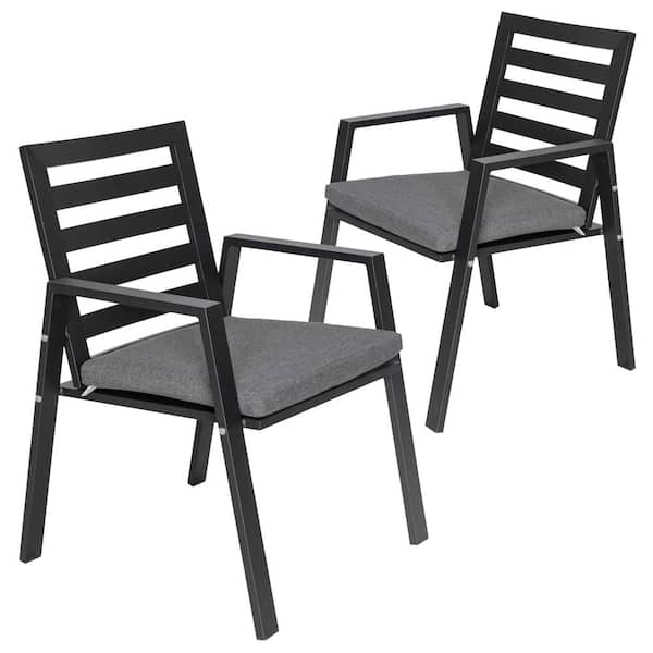 Leisuremod Chelsea Modern Outdoor Dining Chair in Black Metal Frame with Removable Cushions Set of 2-Black