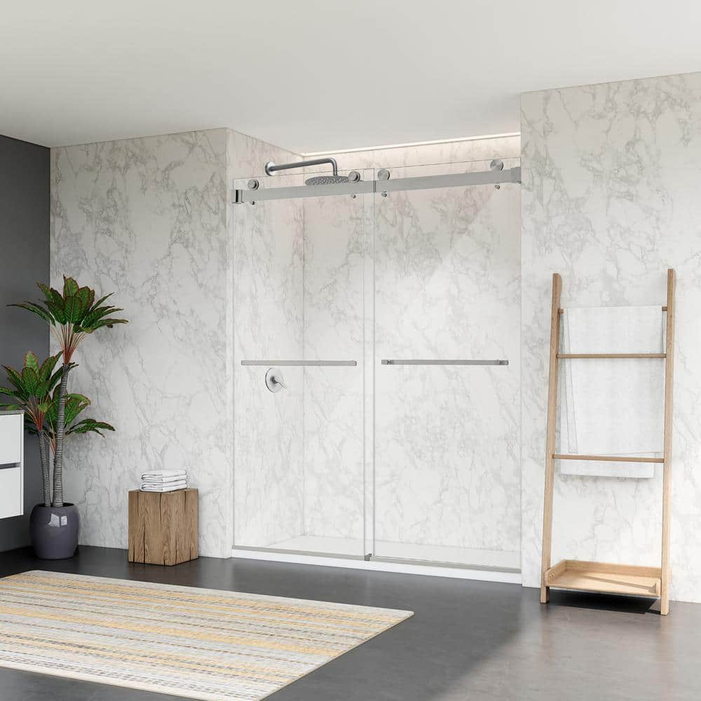 Bolani Frameless Clear Glass Shower Door with Brushed Nickel Hardware