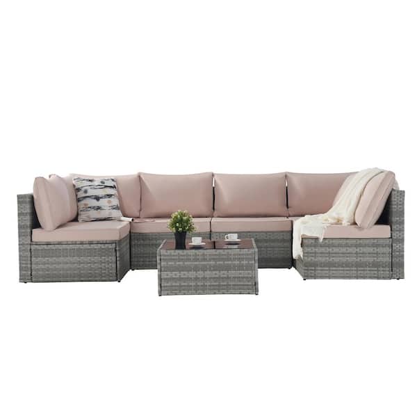 Unbranded 7-Piece Wicker Outdoor Sofa Sectional Set with Beige Cushions