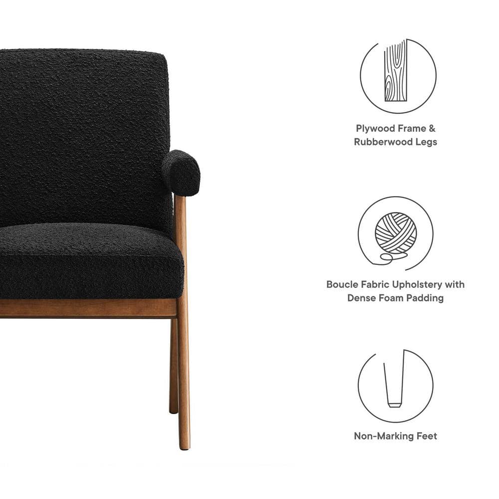 Black Boucle Upholstered Arm Chair with Rubberwood Legs