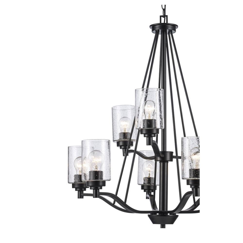 Simi Modern Black 9-Light Tiered Chandelier with Seeded Glass Shades