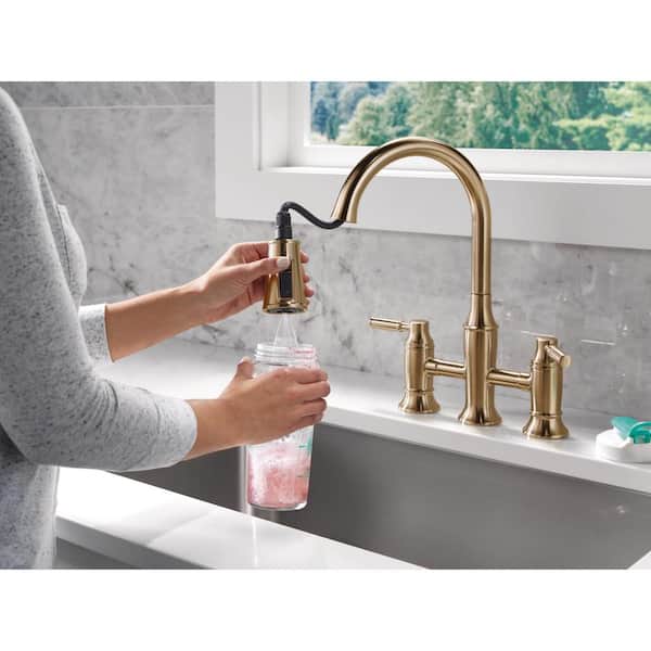 Delta Renaldi Gold Double Handle Bridge Kitchen Faucet in