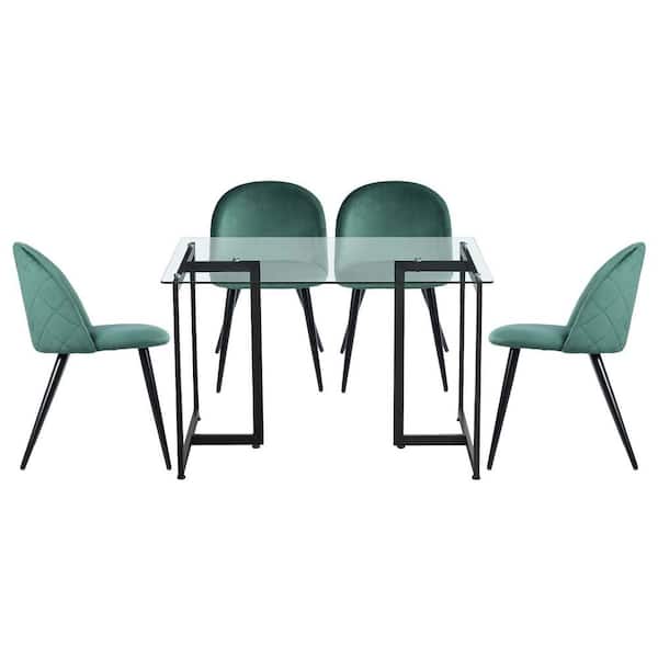 Homy Casa Slip Zomba Green 5-Pcs Dining Set with Glass Top Black Leg Table and Velvet Upholstered Chairs