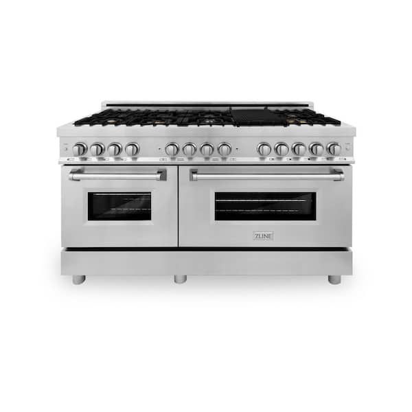 60 in. 9 Burner Double Oven Dual Fuel Range with Brass Burners in Stainless Steel