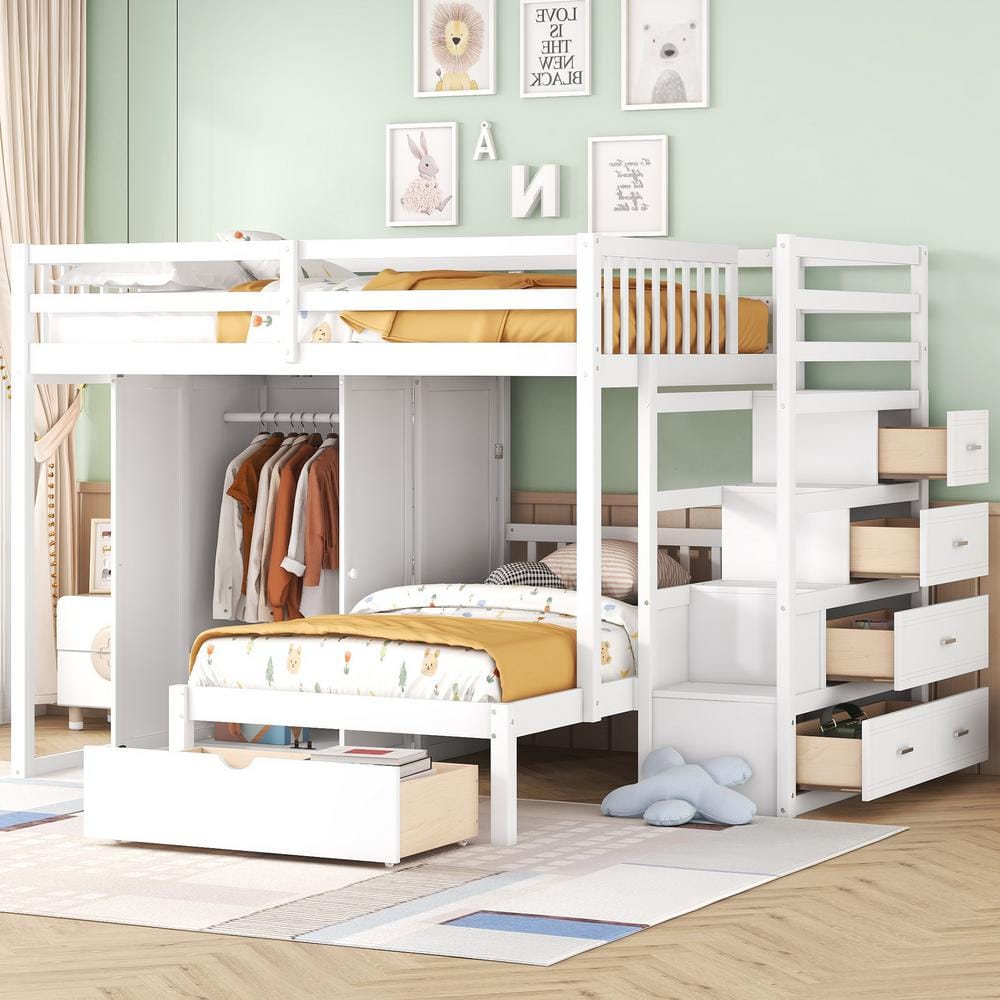 Harper & Bright Designs White Wood Frame Full over Twin Bunk Bed with ...