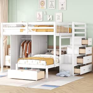 White Wood Frame Full over Twin Bunk Bed with Built-in Wardrobe, Multiple Drawers, Storage Staircase