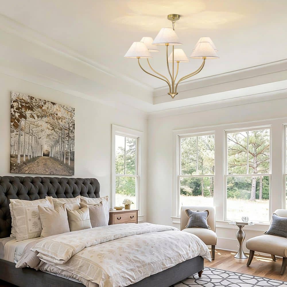 6-Light Gold Farmhouse Chandelier with Linen Fabric Shades for Dining Room, Modern Pendant Lighting for Living Room price history on PriceWatchPro