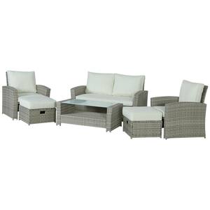 6-Piece Gray Rattan Wicker Outdoor Patio Conversation Sectional Sofa with Beige Cushions