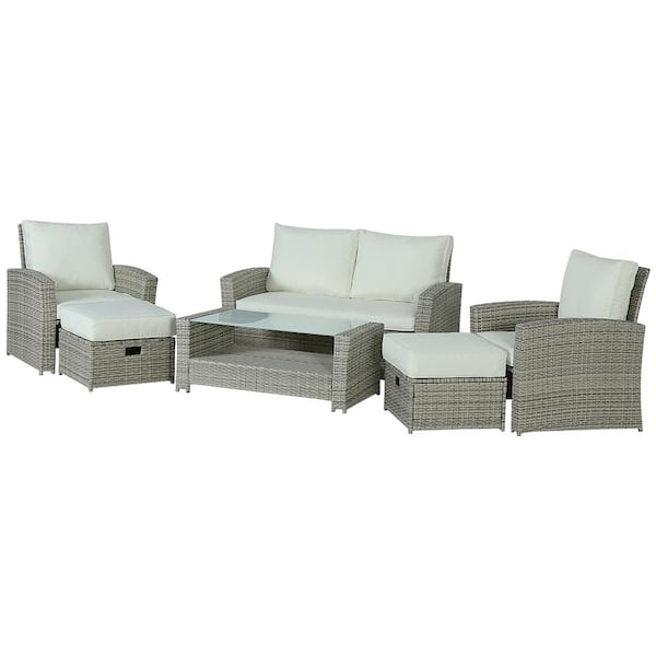 Cesicia 6-Piece Gray Rattan Wicker Outdoor Patio Conversation Sectional Sofa with Beige Cushions