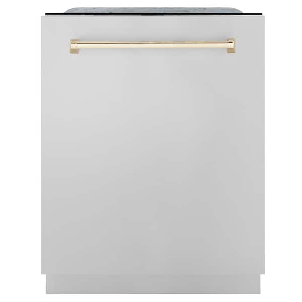 ZLINE Kitchen and Bath Autograph Edition 24 in. 3rd Rack Top Touch Control Tall Tub Dishwasher in Stainless Steel with Polished Gold Handle