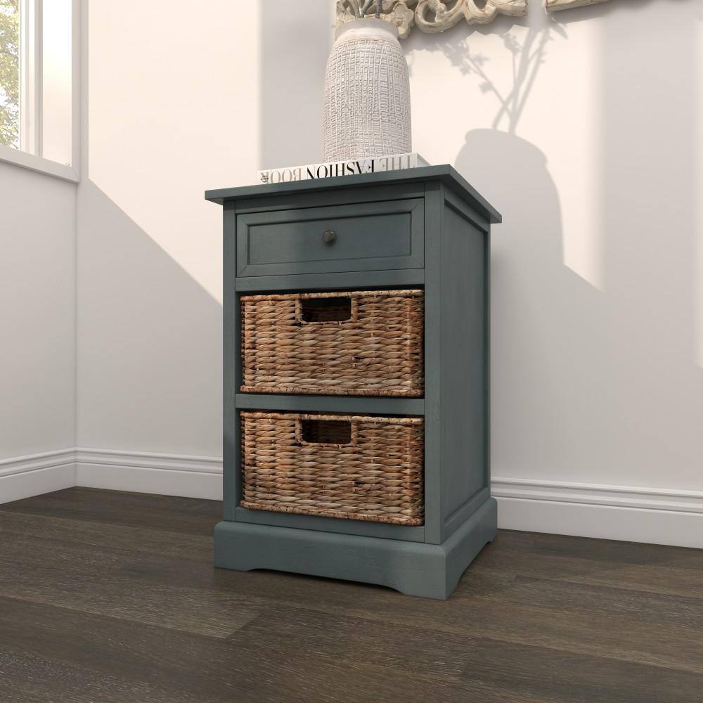 Teal Solid Wood Rectangular Side Table with Seagrass Baskets and Drawer