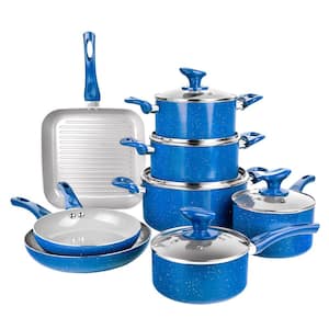 Farmhouse 13-Piece Aluminum Ultra-Durable Chalk Grey Diamond Infused Nonstick Coating Cookware Set in Speckled Blue