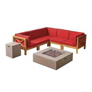 Brava Teak Brown 7-Piece Wood Patio Fire Pit Sectional Seating Set with Red Cushions