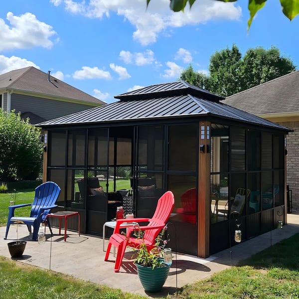 12ft. x 14ft. Sunroom Hardtop Gazebo Solarium Galvanized Steel Double Roof Aluminum PC Mesh Screen House Backyard Brown