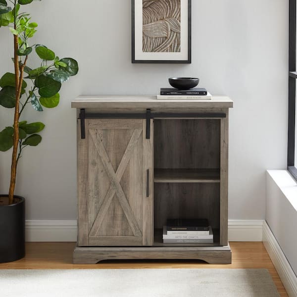 32 in. Grey Wash Rustic Farmhouse Sliding Barn Door Rustic Accent Cabinet