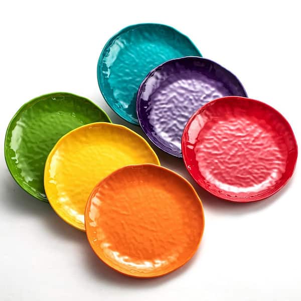 Melamine Appetizer and Dessert Plates, 6.7 Inch, Set of 6, Assorted Vibrant Colors, Dishwasher Safe