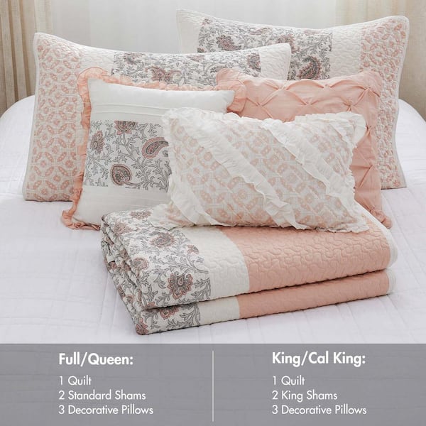 6-Piece Blush Full Cotton Percale Quilt Set Floral Print, Double