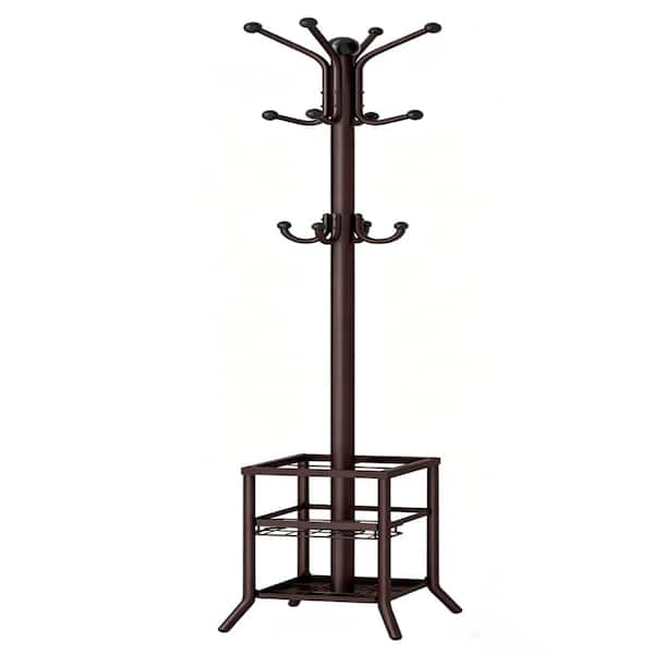 Coat Rack Freestanding with Umbrella Holder,Metal Coat Tree with 12 Hooks for Bedroom,Brown