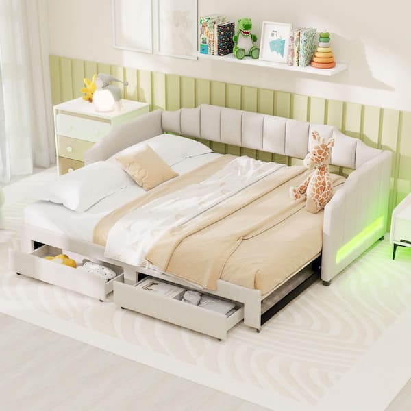 Beige Twin XL to King Size Extendable Upholstered Daybed with Trundle, 2-Storage Drawers and LED Light