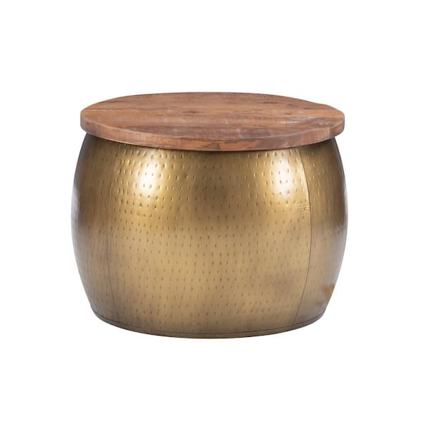 Wagner Metal 22.5 in. Small Brass Round Wood Top Coffee Table with Storage