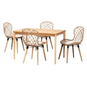 Sabelle 5-Piece Greywashed Rattan and Natural Brown Dining Set
