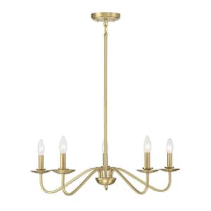 5-Light Natural Brass 28 in. W Chandelier with No Bulbs Included