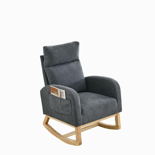 Unbranded Drak Gray Wood Indoor Outdoor Rocking Chair with White Cushions