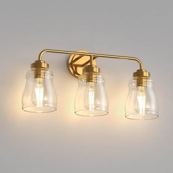 22 in. 3-Light Gold Vanity Lights for Mirror, Farmhouse Bathroom Vanity Lighting with Clear Glass Shades