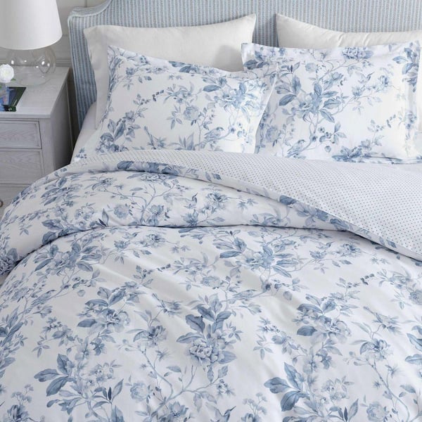 MARTHA STEWART Songbird 2-Piece White/Blue Cotton Sateen Twin