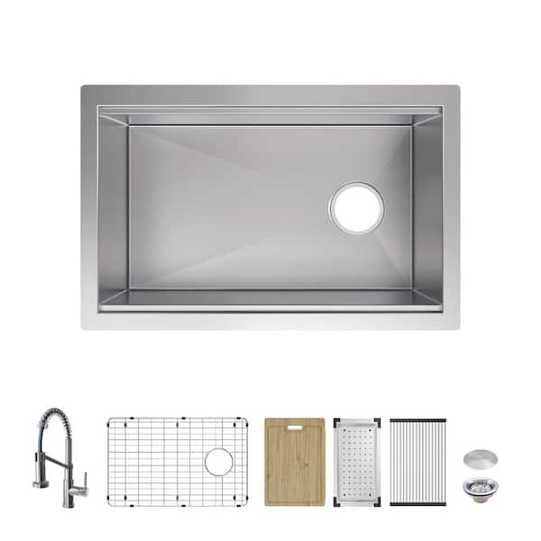 Glacier Bay Professional Zero Radius 30 in. Undermount Single Bowl 16 Gauge Stainless Steel Workstation Kitchen Sink with Faucet