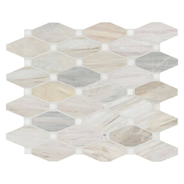 Angora Elongated Octagon 12 in. x 13 in. x 0.38 in. Polished Marble Mesh-Mounted Mosaic Tile (10.1 sq. ft./Case)