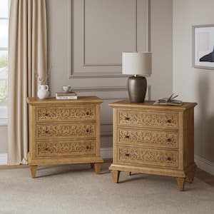 Augusto Transitional 3-Drawer Fretwork Nightstand with Built-In Outlets and Solid Wood Legs (Set of 2) Seadrift