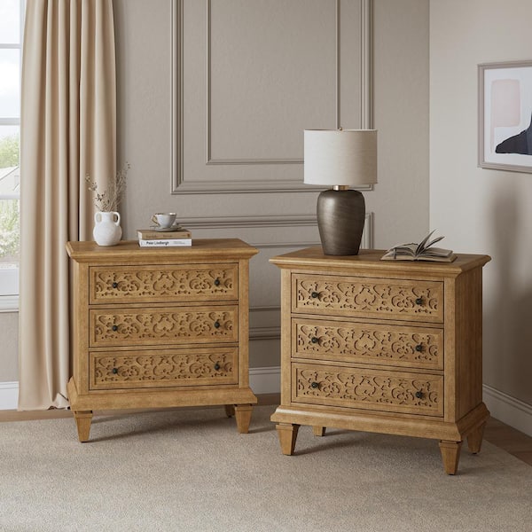 Augusto Transitional 3-Drawer Fretwork Nightstand with Built-In Outlets and Solid Wood Legs (Set of 2) Seadrift