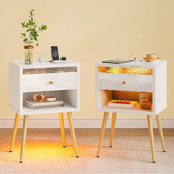 Glossy White 1-Drawer 23.6 in. Nightstands with LED Light (Set of 2)