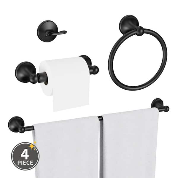4-Piece Round Bathroom Hardware Set, Bathroom Accessories with 24 in. Towel Rack Bar, Ring, Holder, Hook in Black