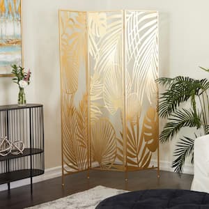 6 ft. Gold 3 Panel Hinged Foldable Partition Room Divider Screen with Palm Leaf Patterns
