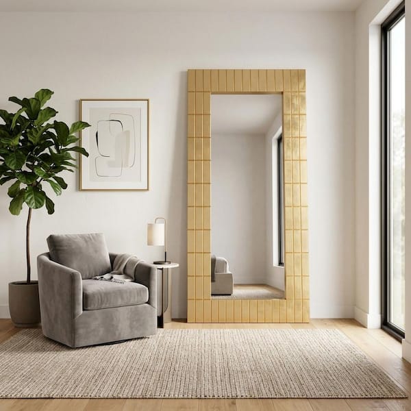 Gold 39 in. x 87 in. Modern Bars Rectangular Wood Framed Mirror