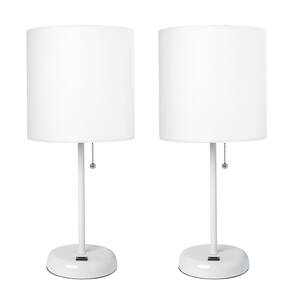 19.5 in. White Stick Lamp with USB Charging Port and Fabric Shade, White (2-Pack Set)