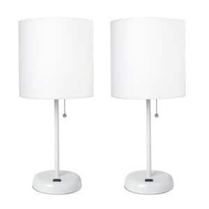 19.5 in. White Stick Lamp with USB Charging Port and Fabric Shade, White (2-Pack Set)
