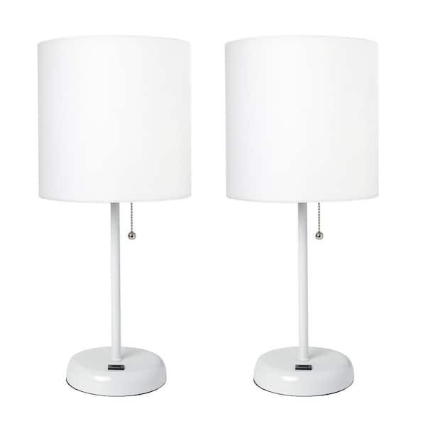 Simple Designs 19.5 in. White Stick Lamp with USB Charging Port and Fabric Shade, White (2-Pack Set)