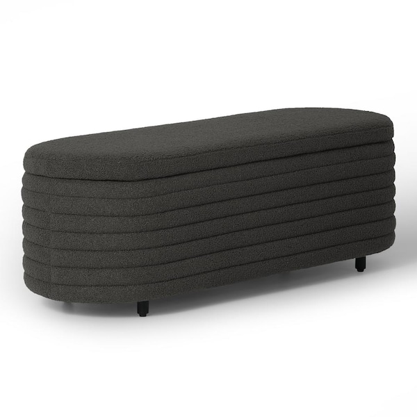 WESTINFURNITURE Bayville 54 in. Wide Oval Sherpa Upholstered Entryway Flip Top Storage Bedroom Accent Bench in Charcoal Gray