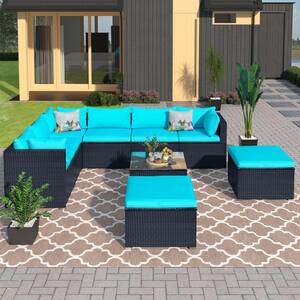 Black 9-Piece Plastic Outdoor Sectional Set with Blue Cushions, Coffee Table and Ottoman