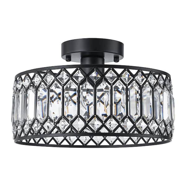 11.4 in. 1-Light Black Crystal Semi Flush Mount Ceiling Light with Glass Drum Shade for Entryway or Bedroom