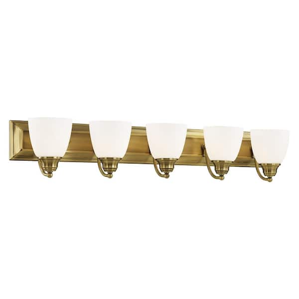 Livex Lighting Fairbourne 36 in. 5-Light Antique Brass Vanity with Satin Opal White Glass