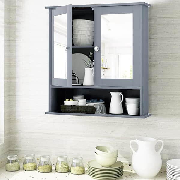 22 in. W x 5 in. D x 23 in. H Grey Wood Wall Mount Mirror Cabinet