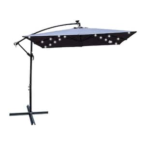 8 ft. Umbrella Solar Powered LED Lighted Sun Shade Market Waterproof 8 Ribs Umbrella with Crank and Cross Base in Gray
