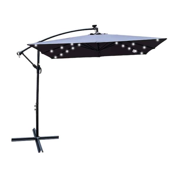 Sudzendf 8 ft. Umbrella Solar Powered LED Lighted Sun Shade Market Waterproof 8 Ribs Umbrella with Crank and Cross Base in Gray
